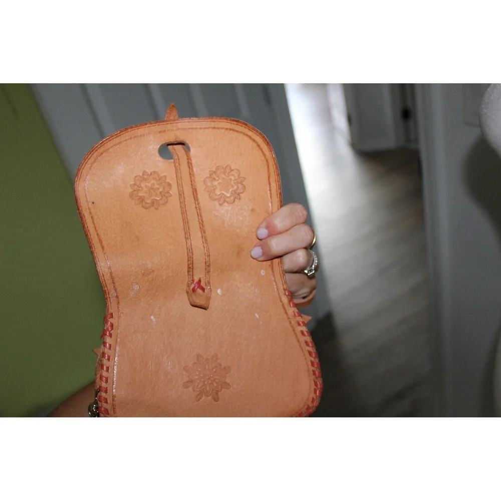 Kids Tan Tooled Leather Floral Crossbody Saddle Bag with Tassel and Whipstitch